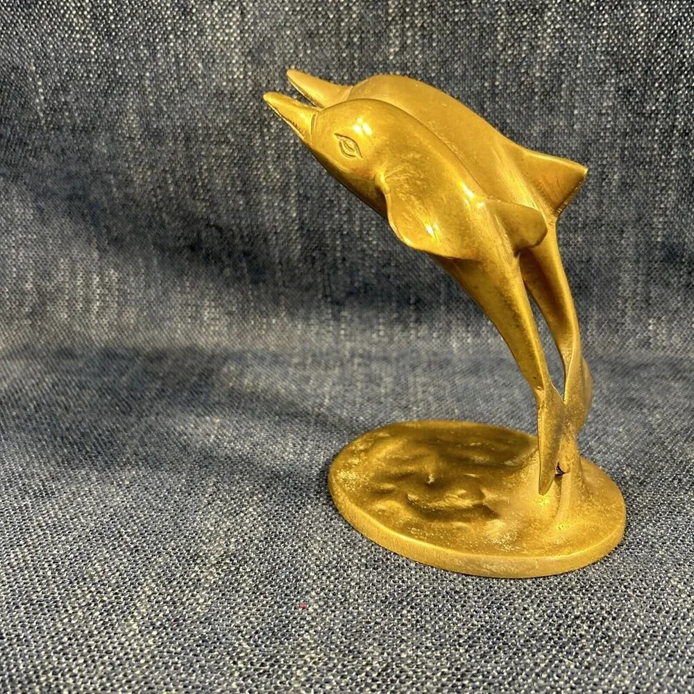 VTG brass dolphin pair leaping figure sculpture paperweight 5.5”